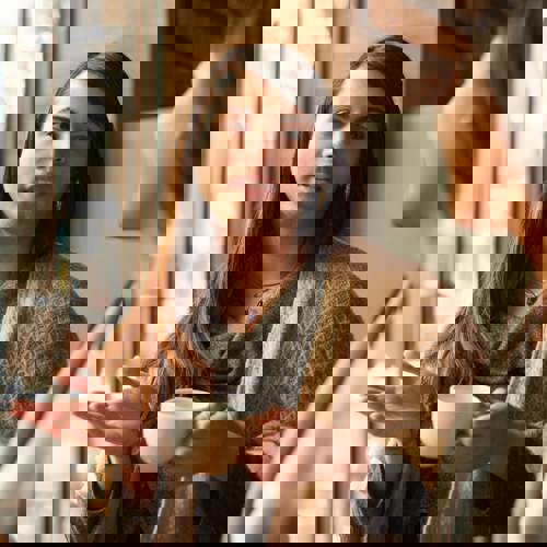 Friends look at eachother, talking while having a coffee.